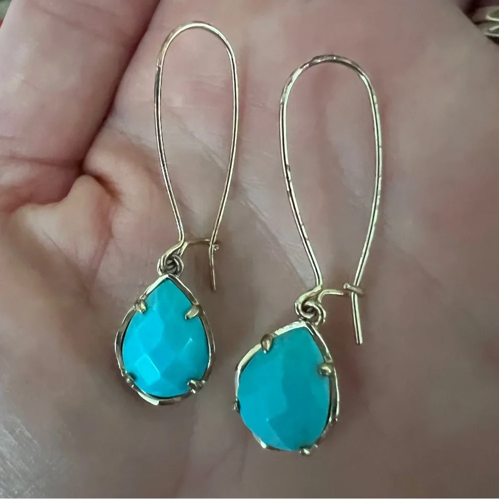 Kendra Scott Aqua Dee Gold Tone and Blue Teardrop Earrings - Picture 6 of 7